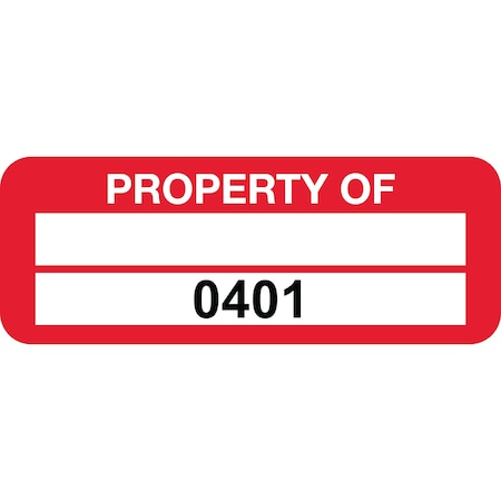 Lustre-Cal PROPERTY OF Label, Polyester Dark Red 2in x 0.75in 1 Blank Pad & Serialized 0401-0500, 100PK 253744Pe2Rd0401